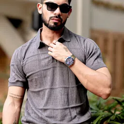 Maniac Men Self Design Polo Collar Cotton Slim Fit T-shirt-image-83