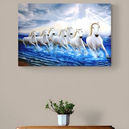 Tushaco Handicrafts Blue & White Seven Horse Printed Canvas Wall Art-image-65