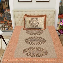 POORAK Brown & Orange Jaipuri Print Pure Cotton 104 TC Single Bedsheet & 1 Pillow Covers-image-49