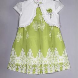 SNAZZYGIRL Girls Green Ethnic Motifs Print Cotton Knee Length Fit & Flare Dress with Shrug-image-34