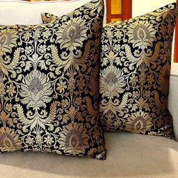 PILOVILO Black & Gold-Toned Set of 2 Ethnic Motifs Square Cushion Covers-14