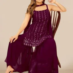 PARROT CREATION Women Embroidered Regular Sequinned Kurti with Sharara & With Dupatta image 2
