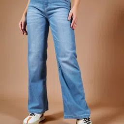 DOLCE CRUDO Women Cotton Wide Leg Light Fade Stretchable Casual Jeans-picture-23