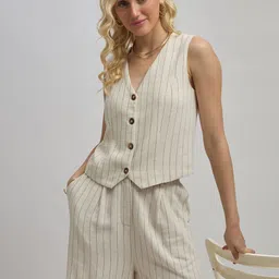 Virgio Pinstripe Printed Cotton Linen V Neck Sleeveless Waistcoat-50