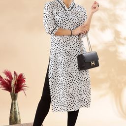 Anouk White & Black Polka Dot Printed V-Neck Cotton Straight Kurta-picture-27