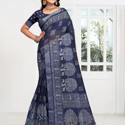 Fevinaa Ajrak Block Zari Linen Blend Block Print Saree-13