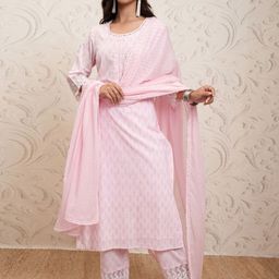 Vishudh Women Ethnic Motifs Printed Regular Pure Cotton Kurta with Trousers & With Dupatta-image-57