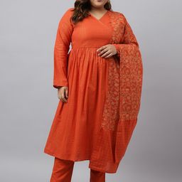 KALINI V-Neck Striped Woven Design Pure Cotton Angrakha Kurta with Trouser & Dupatta-image-56