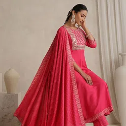 Khushal K Floral Yoke Design V-Neck Thread Work A-Line Kurta With Trousers And Dupatta-picture-45