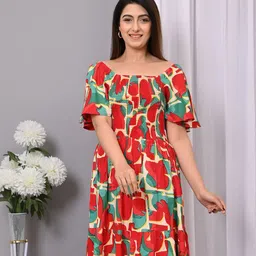 IQRAAR Print Flared Sleeve Fit & Flare Dress-image-101