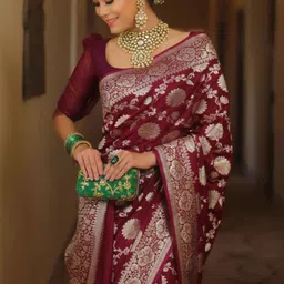 PHEASANT Ethnic Motifs Woven Design Zari Banarasi Saree-image-2