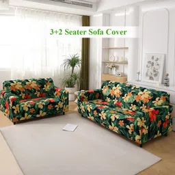 HOKIPO Spring Green Hibiscus Print 5 Seater Fully Covered Stretchable Sofa Cover-picture-18