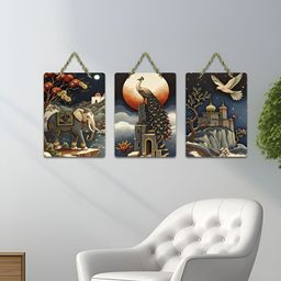 ArtVibes Blue & Grey 3 Pieces Printed Wooden Wall Hanging Decors-image-57