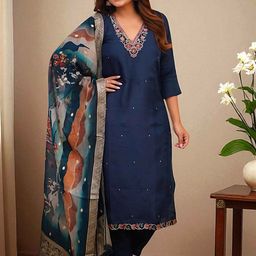 Sangria Floral Embroidered Thread Work V Neck Straight Kurta With Trouser And Dupatta-image-12