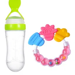 Joy Buzz Kids Set Of 2 Baby Spoon Feeder - 90 ml & Rattle Teether - Green & Pink-33