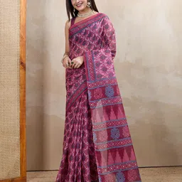 SHANVIKA Ethnic Motifs Printed Pure Cotton Regular Saree-image-34