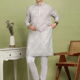 FUBAR Geometric Embroidered Mandarin Collar Mirror Work Cotton Kurta-picture-12