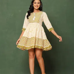 Shedika Women Floral Print Tie-Up Neck Peplum Cotton Dress-image-17