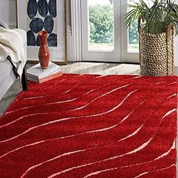 CARPETIFY Red Geometric Anti-Skid Polyester Shaggy Carpet-picture-16