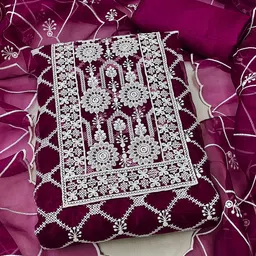 HERE&NOW Floral Embroidered Thread Work Organza Unstitched Dress Material-image-35