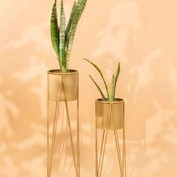 THREADVIBE LIVING Set Of 2 Yellow Metal Triangle Planters With Stand-5