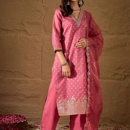House of Pataudi Floral Woven Design V-Neck Chanderi Cotton Kurta & Trousers With Dupatta-picture-11