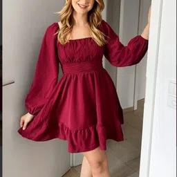X FASHION GALLRY Women Puff Sleeve Crepe Fit & Flare Dress-picture-27