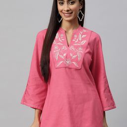 Nayam By Lakshita Floral Embroidered Mandarin Collar Bell Sleeve Cotton Top-image-98