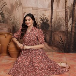Sangria Indie Floral Mandarin Collar Ethnic Midi A-Line Dress-image-28