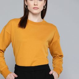 Chemistry Women Mustard Yellow Drop Shoulder Solid Sweatshirt-picture-5