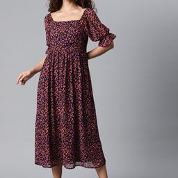 plusS Women Black & Orange Animal Print Bell Sleeves Midi Dress-image-51