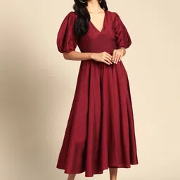 anayna Maroon Solid Balloon Sleeves Midi Dress-picture-31
