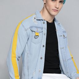 Kook N Keech Men Blue & Yellow Distressed Denim Jacket-image-18