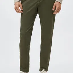 MANGO MAN Olive Green Solid Slim Fit Sustainable Trousers-image-74