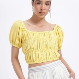 glitchez Crinkle Gathers Puff Sleeve Blouson Crop Top image 3