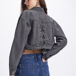 glitchez Lace-Up Back Denim Crop Jacket-image-27