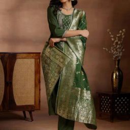 Libas Green Embroidered Kurta & Pant Set With Dupatta-image-3