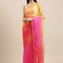 Geroo Jaipur Pink And Orange Shaded Handcrafted Organza Saree-picture-2