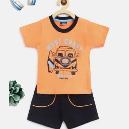 Li'l Tomatoes Kids Orange & Black Printed T-Shirt with Shorts-image-69