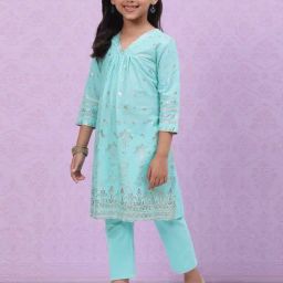 BIBA Girls Blue Cotton Embroidered Suit Set-picture-10