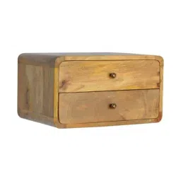 Artisan Furniture Textured Oakish Wall Mounted Brown Curved Bedside Table With Double Drawer-image-14