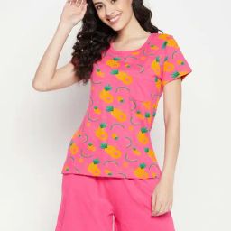Clovia Pink Printed Cotton T-Shirt With Shorts-image-42