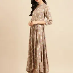 SHOWOFF Beige Cotton Printed Ankle Length Anarkali Kurta-image-11