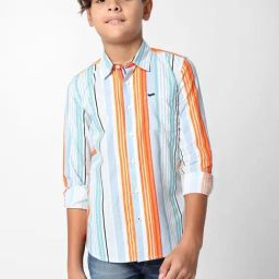 Gas Kids Orange & White Cotton Striped Full Sleeves Shirt-image-47