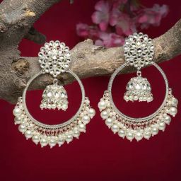 NVR Gold Plated Kundan Studded Chand Bali Earrings for Women-image-15