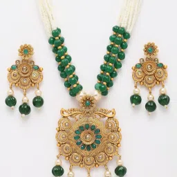 Panash Gold Plated Green & White Stone Studded & Pearl Beaded Jewellery Set image 4