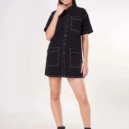 People By Pantaloons Jet Black Cotton Relaxed Fit Dress-image-88