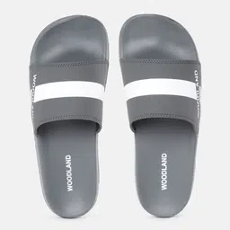 Woodland Men Grey & White Striped & Brand Logo Print Sliders-image-91
