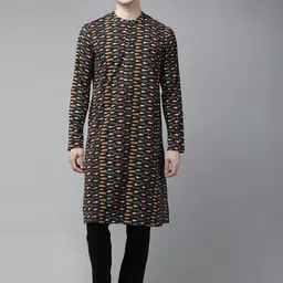 See Designs Men Black & Mustard Yellow Kalamkari Block Print Sustainable Handloom Kurta-image-96