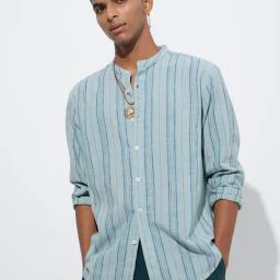 ETA by Westside Teal Stripe Printed Relaxed-Fit Cotton Shirt-image-53